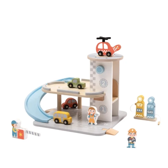 Tooky Toy fa garázs autókkal – többszintes fa garázs rámpával, helikopterrel és kiegészítőkkel