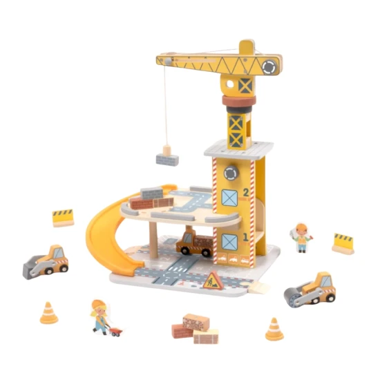 Daru és autó készlet Tooky Toy – fa építőkészlet daruval, autókkal és figurákkal