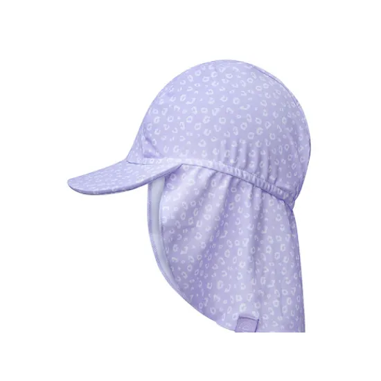 Egy praktikus, nyakvédővel ellátott nyári sapka a Swim Essentials-től, leopárdlila mintával, megvédi a gyerekeket az UV-sugárzástól.