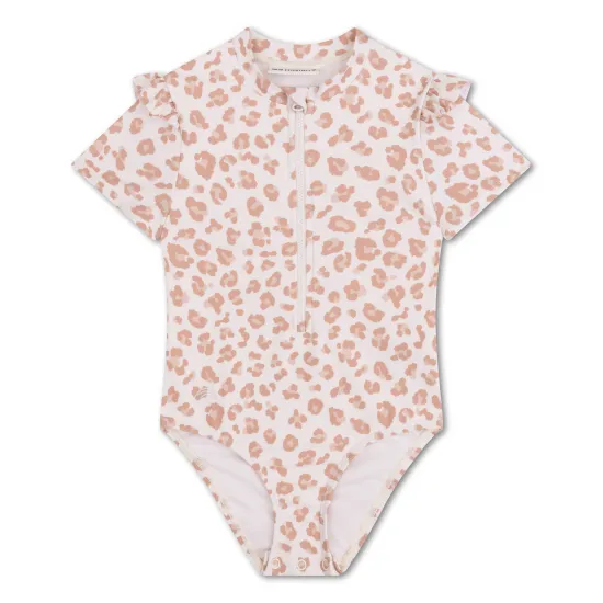 Lányok rövid ujjú UPF 50+ fürdőruha Beige Leopard Swim Essentials