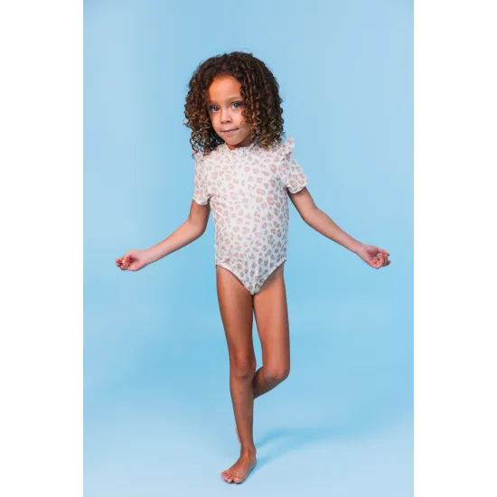 Lányok rövid ujjú UPF 50+ fürdőruha Beige Leopard Swim Essentials