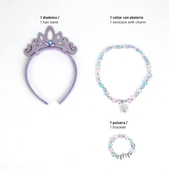 Jégvarázs Kiegészítő Készlet – színes ékszerkészlet gyerekeknek, amely játékos dizájnnal rendelkező fejpántot, nyakláncot és karkötőt tartalmaz.