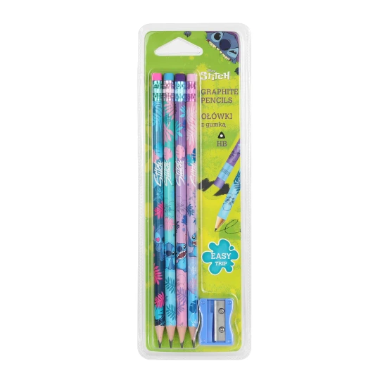 4 db Stitch Blue ceruzakészlet különböző motívumokkal, színes radírral és hegyezővel