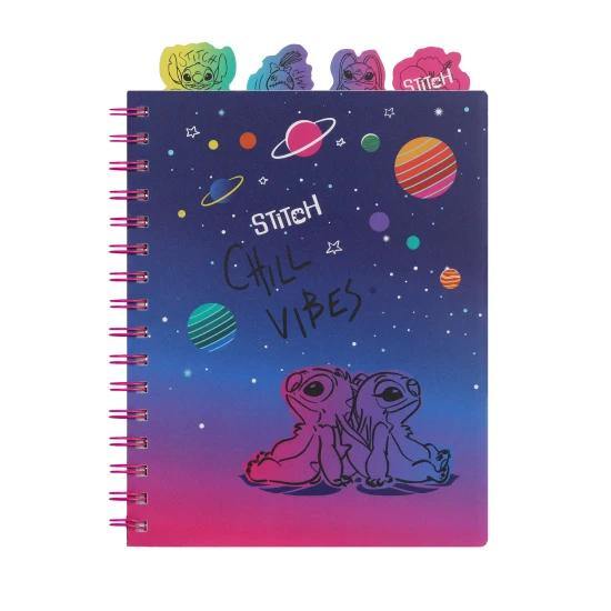 A5 Stitch fekete jegyzetfüzet spirállal, könyvjelzőkkel és négyzet alakú oldalakkal
