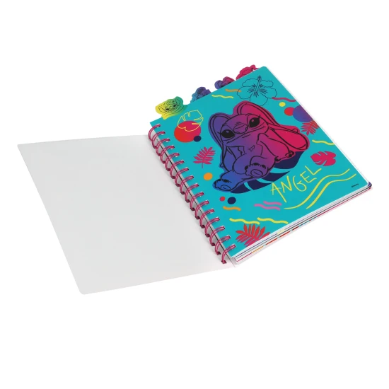 A5 Stitch fekete jegyzetfüzet spirállal, könyvjelzőkkel és négyzet alakú oldalakkal