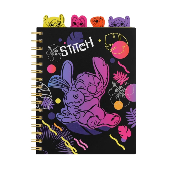 A5 Stitch fekete jegyzetfüzet spirállal, könyvjelzőkkel és négyzet alakú oldalakkal