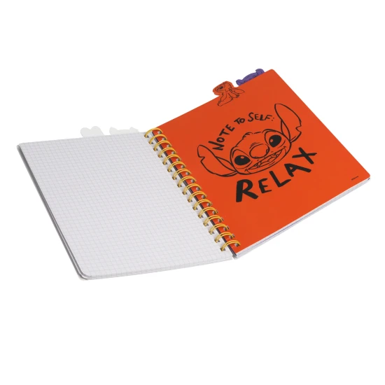 A5 Stitch fekete jegyzetfüzet spirállal, könyvjelzőkkel és négyzet alakú oldalakkal