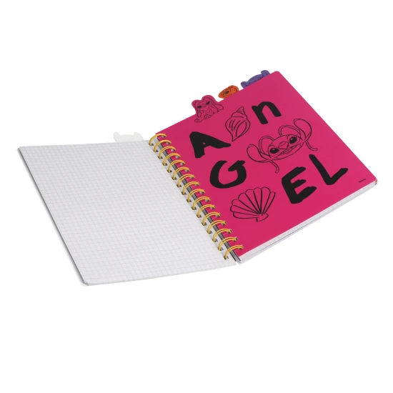 A5 Stitch fekete jegyzetfüzet spirállal, könyvjelzőkkel és négyzet alakú oldalakkal