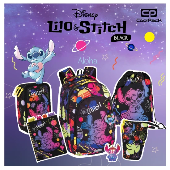 Coolpack tolltartó Jumper háromrétegű Stitch Black Háromszintes iskolai tolltartó Stitch motívummal, pasztell színekben, teljes felszereléssel gyerekeknek