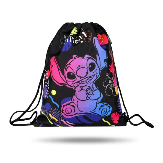 Stitch Fekete sporttáska Stitch illusztrációval, pasztell színekkel és dupla húzózsinórral a hordozáshoz