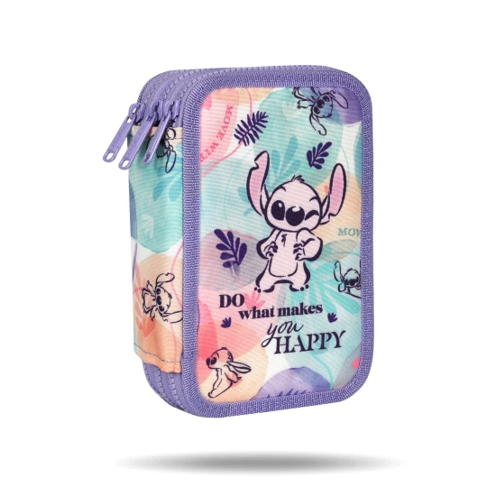 Coolpack tolltartó Jumper háromszintes Stitch Pastel Háromszintes iskolai tolltartó Stitch motívummal, pasztell színekben, teljes felszereléssel gyerekeknek