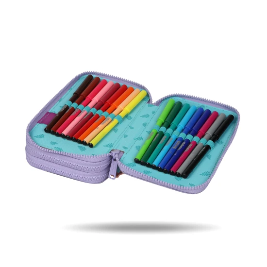 Coolpack tolltartó Jumper háromszintes Stitch Pastel Háromszintes iskolai tolltartó Stitch motívummal, pasztell színekben, teljes felszereléssel gyerekeknek