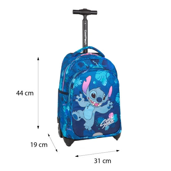 Iskolatáska Jack kerekeken Stitch Blue két tágas rekesszel és fényvisszaverő elemekkel a gyermekek biztonsága érdekében.