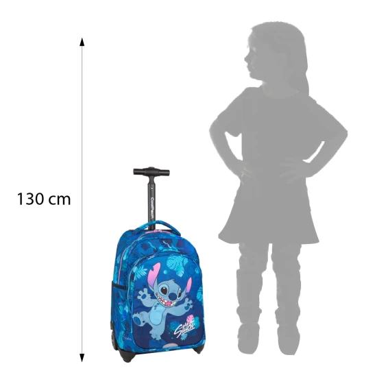 Iskolatáska Jack kerekeken Stitch Blue két tágas rekesszel és fényvisszaverő elemekkel a gyermekek biztonsága érdekében.
