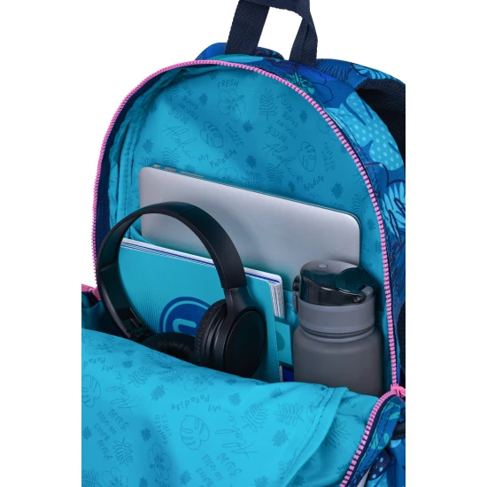 Iskolatáska Rider 43 cm Stitch Blue tágas rekesszel, zsebbel egy laptopnak és egy ivópalacknak.