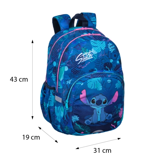 Iskolatáska Rider 43 cm Stitch Blue tágas rekesszel, zsebbel egy laptopnak és egy ivópalacknak.