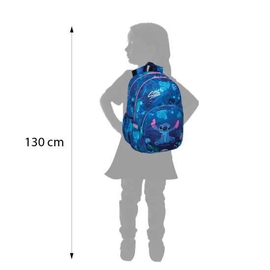 Iskolatáska Rider 43 cm Stitch Blue tágas rekesszel, zsebbel egy laptopnak és egy ivópalacknak.