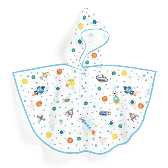 Gyerek félig átlátszó esőkabát rakéta motívummal.