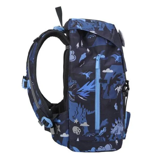 A könnyű Retro Dinosaur Dark Blue iskolatáska tökéletesen illeszkedik egy kis diák hátára.