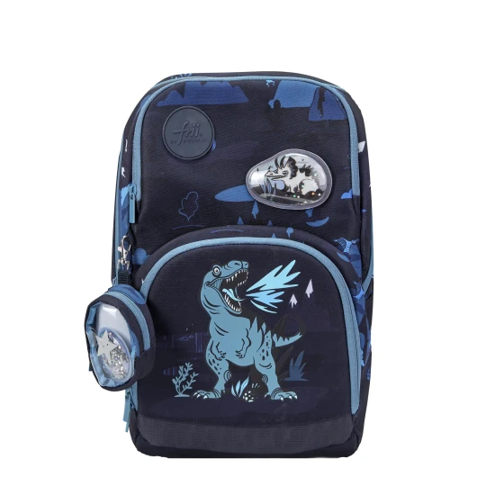 A Dinosaur Dark Blue könnyű iskolatáska tökéletesen illeszkedik egy kis diák hátára.