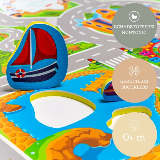 Játékszivacs kirakószőnyeg utakkal, épületekkel és autókkal, 1,2x1,2 m - EVA habból készült gyerekautópálya