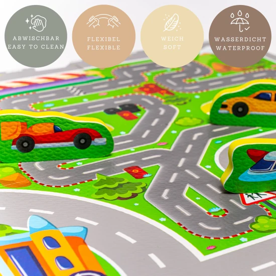 Játékszivacs kirakószőnyeg utakkal, épületekkel és autókkal, 1,2x1,2 m - EVA habból készült gyerekautópálya