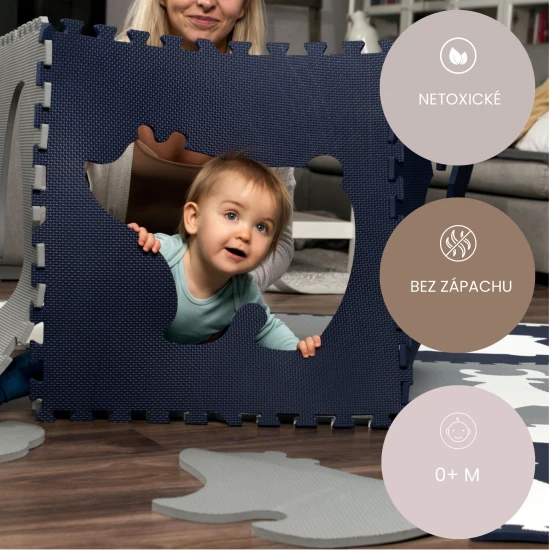 Játékos és kényelmes kirakószőnyeg játékhoz és mászáshoz.