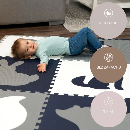 Játékos és kényelmes kirakószőnyeg játékhoz és mászáshoz.
