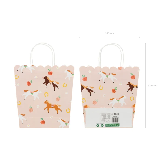 Rózsaszín ajándéktáska aranyos lómotívummal.