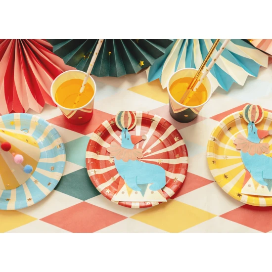 A cirkuszi motívumú papírtányérok minden bulit felpezsdítenek.