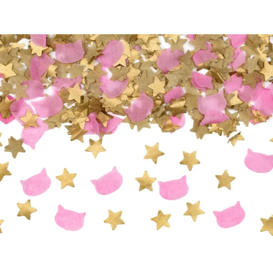 Csillagok és macskák konfetti - arany csillagok és rózsaszín macskák, mint dekoráció egy gyerekbulihoz