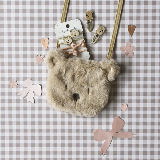 4 db-os hajgumi készlet plüssmaci és masni motívumokkal, gyerekeknek ideális