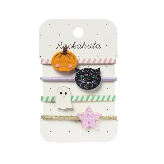 4 db Halloween hajgumi készlet sütőtök, fekete macska, szellem és csillag motívumokkal
