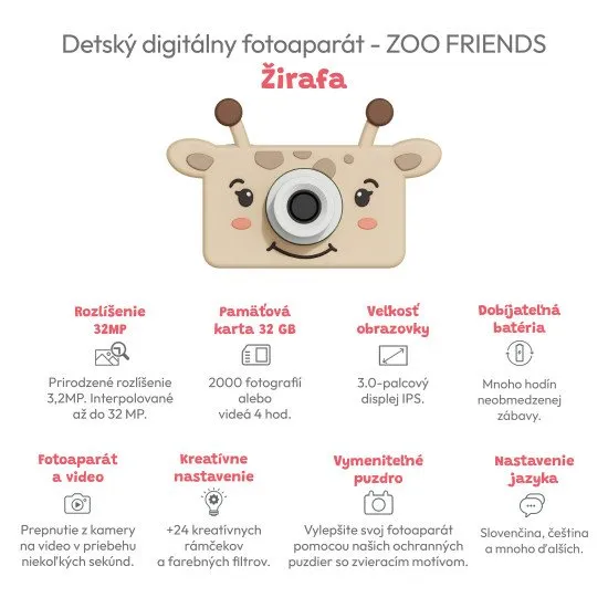 Gyermek digitális fényképezőgép minden utazáshoz zsiráf motívummal.