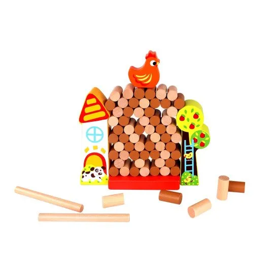Fa Jenga játék Tyúk a csirkeólban – nyomja ki a hengereket, és akadályozza meg a tyúk leesését.