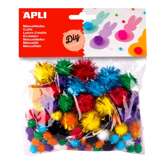 APLI POM-POM golyók csillámmal, méret- és színkeverék 78 db Színes puha Pom-Pom golyók különböző méretűek, ideálisak kézműves és művészeti tevékenységekhez.