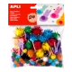 APLI POM-POM golyók csillámmal, méret- és színkeverék 78 db Színes puha Pom-Pom golyók különböző méretűek, ideálisak kézműves és művészeti tevékenységekhez.