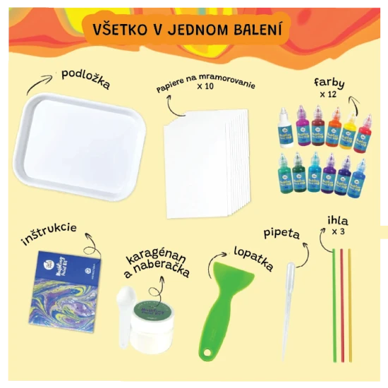 Jarmelo márványozó készlet - 12 palack festék, szerszámok és papír vizes márványozáshoz