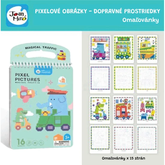 Jarmelo Pixel Art Vehicles – kifestőkönyv 16 előre nyomtatott pixel állattal gyerekeknek