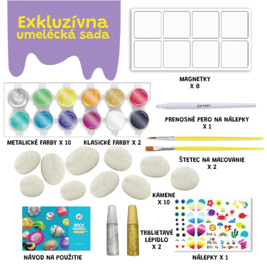 Jarmelo kőfestő készlet - kövek, festékek, csillámok, ecsetek és matricák kreatív készletben