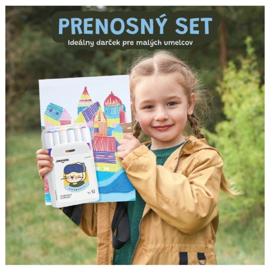 Jarmelo kétoldalas markerek hordozható dobozban - 24 szín, ecsettel és vastag hegyével, nem mérgező és mosható