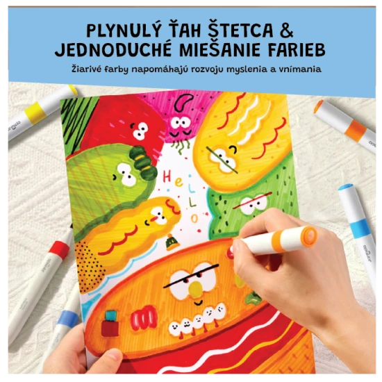 Jarmelo kétoldalas markerek hordozható dobozban - 24 szín, ecsettel és vastag hegyével, nem mérgező és mosható