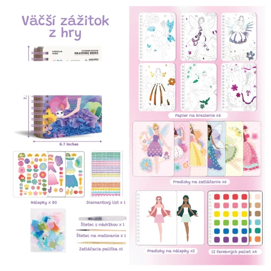 Jarmelo Dreamy Fairy - kreatív könyv akvarellfestéssel, textilekkel, kövekkel és matricákkal gyerekeknek