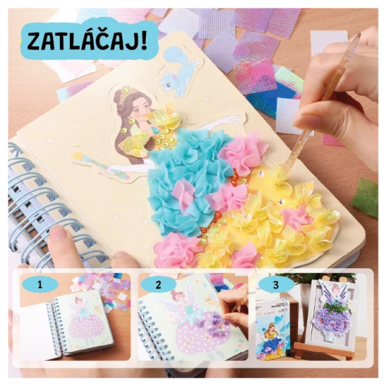 Jarmelo Magic Princesses - kreatív könyv akvarell festéssel, textilekkel, strasszokkal és matricákkal gyerekeknek