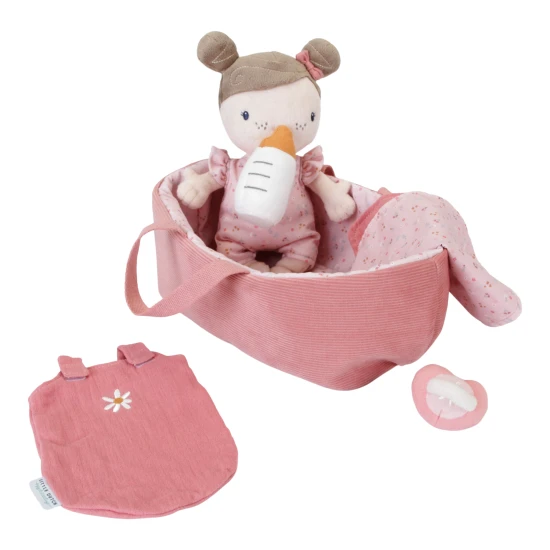Eredeti puha baba kiegészítőkkel, Baby Rosa hordozható hálókosárral.