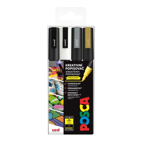 Posca Akril markerek POSCA 3M színkeverék 4 db Posca 3M finom hegyű markerkészlet (0,9-1,3 mm), fehér, fekete, ezüst és arany, gazdag színt és nagy sűrűséget biztosít a kreatív projektekhez.