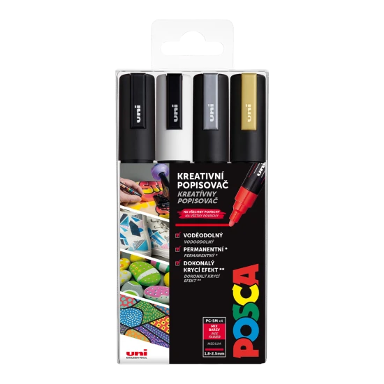 Posca Akril markerek POSCA 5M színkeverék 4 db Posca 5M marker készlet univerzális közepes heggyel (1,8-2,5 mm), fehér, fekete, ezüst és arany színekben.