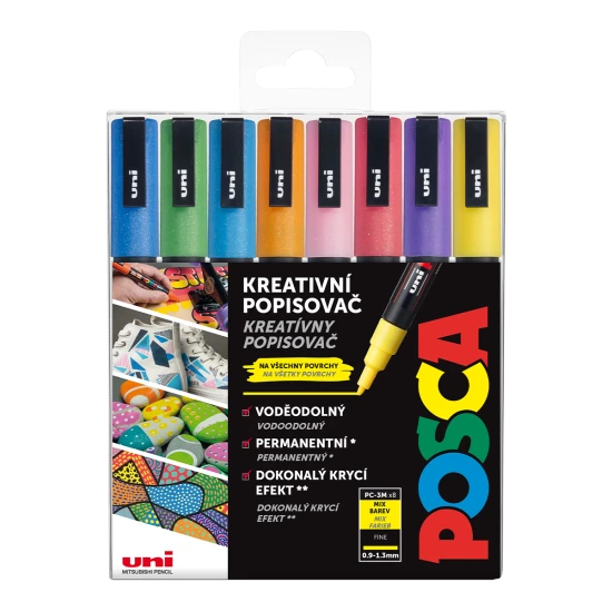 Posca Akril markerek POSCA 3M csillogó színek 8 db A POSCA 3M markerek vékony lekerekített hegyével (0,9-1,3 mm) 8 csillogó színt tartalmaznak. Alkalmas művészek és kreatív rajongók számára beltéri és kültéri projektekhez, száradás után vízálló.