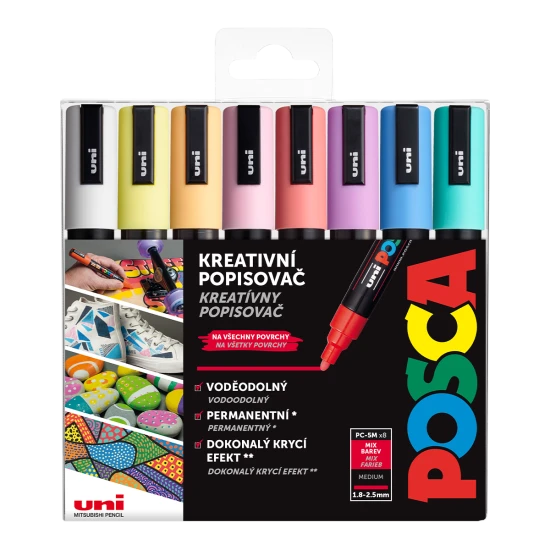 Professzionális POSCA 5M marker készlet kerek, közepes heggyel (1,8-2,5 mm), pasztell színekben, ideális a precíz és tiszta vonalakhoz művészek, tervezők és kezdők számára.
