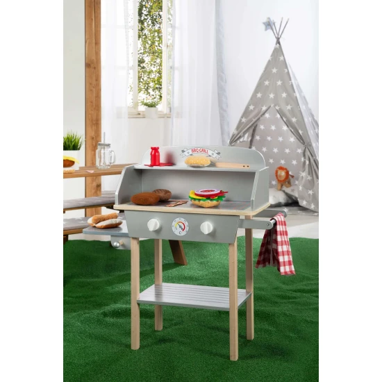 Gyerek fa grill BBQ kiegészítésekkel Szürke/natúr